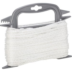 Weißes Polypropylen Seil, Ø 4mm, auf einer grauen Spule aufgewickelt.