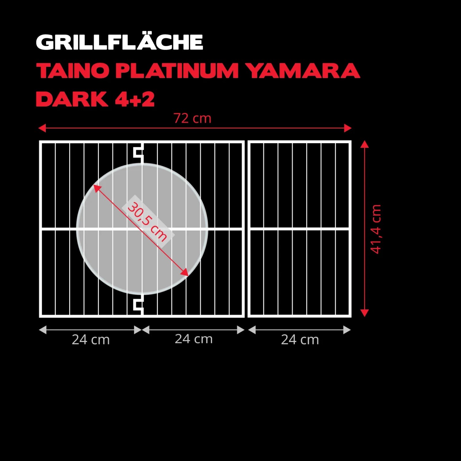 Grillfläche des Taino Platinum Yamara Dark 4+2 Gasgrills mit Maßangaben.
