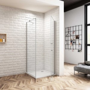 Eckdusche mit Pendeltür, 90x90cm, 5mm ESG Glas, silbernes Profil. Duschkabine für Eckeinstieg.
