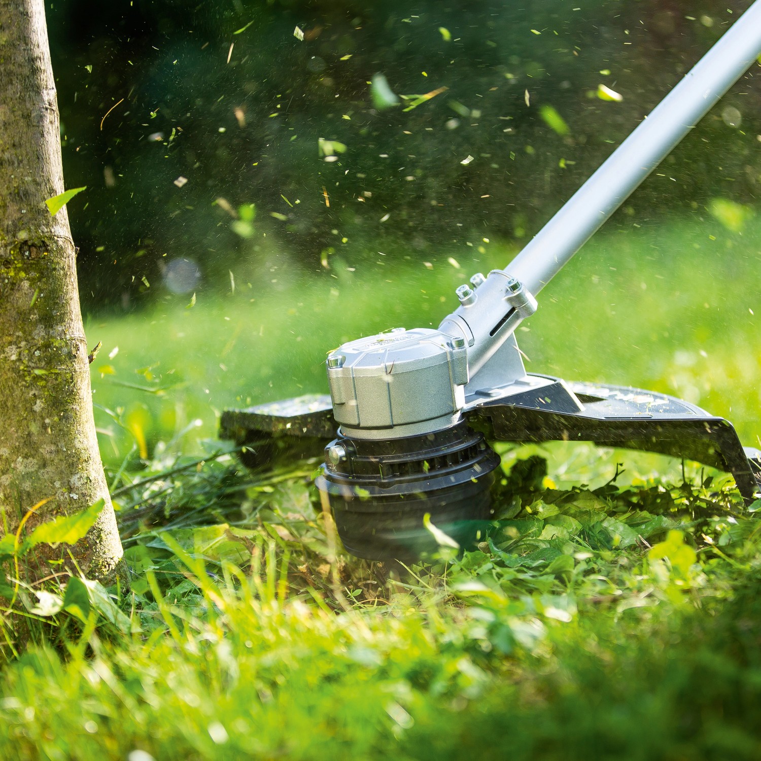 LUX-TOOLS Akku-Freischneider A-FS-2x20/35 im Einsatz: Rasentrimmer schneidet Gras an Baum.