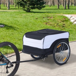 HOMCOM Fahrradanhänger weiß-schwarz, an Fahrrad gekoppelt, auf Asphaltweg im Park. Max. 40 kg Last.