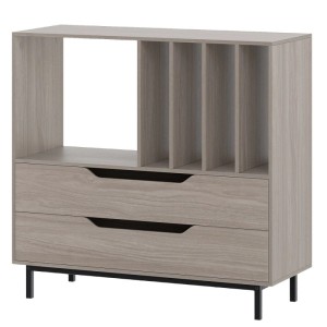Grauer Plattenspielerständer mit offener Ablage, 4 Vinyl-Fächern und 2 Schubladen. Modernes Holz-Metall-Design.