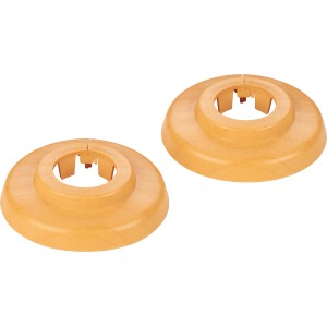 Zwei dunkle Klapprosetten (15 mm, R 1/4) aus Kunststoff zum Abdecken von Rohrdurchführungen.