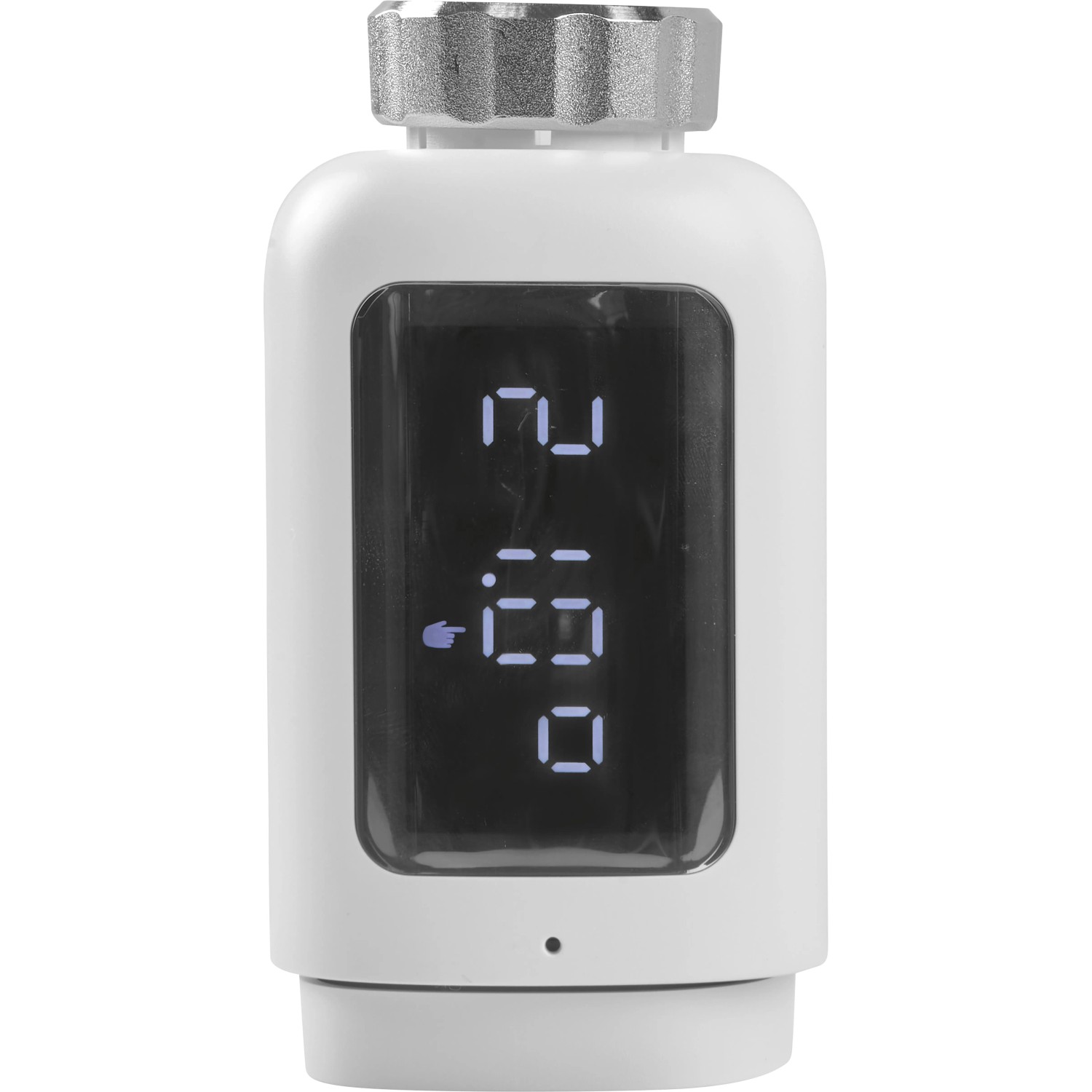 Elektrisches Thermostatventil HeimSync Bluetooth in Weiß mit Display zur Heizungs-Installation.