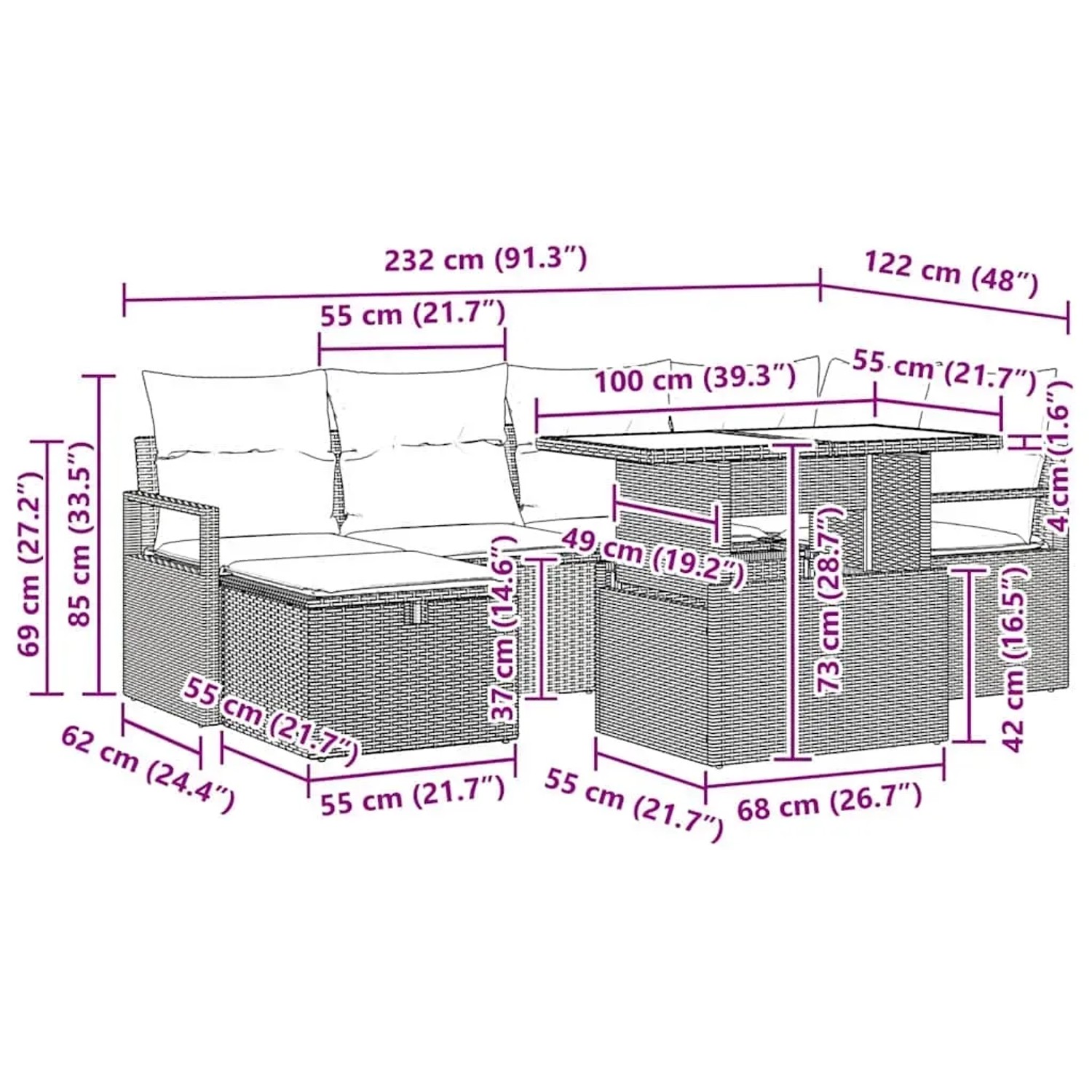 vidaXL Gartenmöbel Set, 7-teilig, schwarzes Poly Rattan, mit Maßangaben.