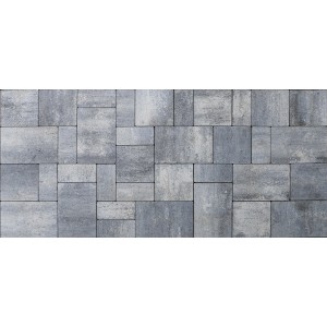 EHL Pflaster Tresa Formatmix, 5 cm, weiß-anthrazit, verlegt. Pflastersteine in verschiedenen Größen.