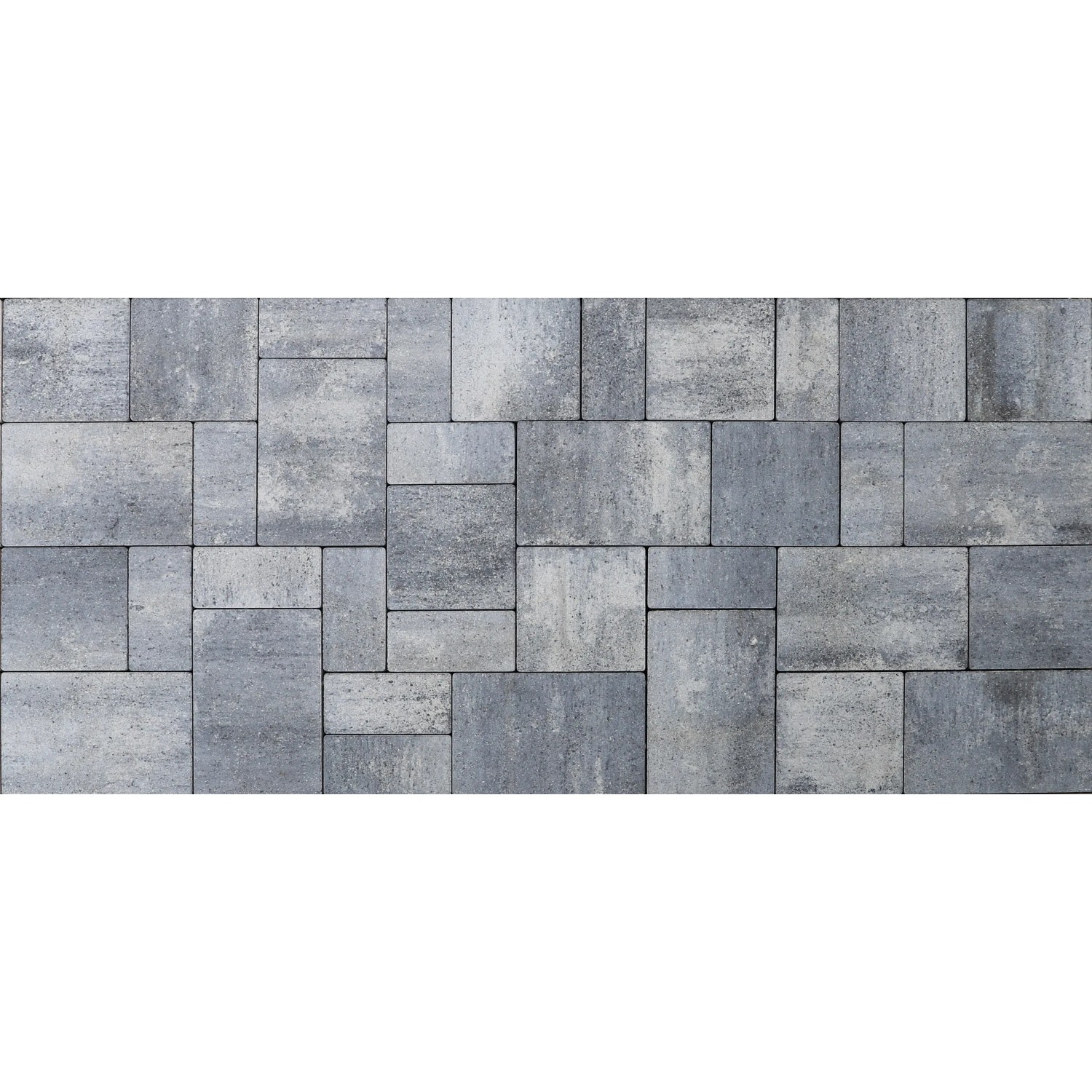 EHL Pflaster Tresa Formatmix, 5 cm, weiß-anthrazit, verlegt. Pflastersteine in verschiedenen Größen.