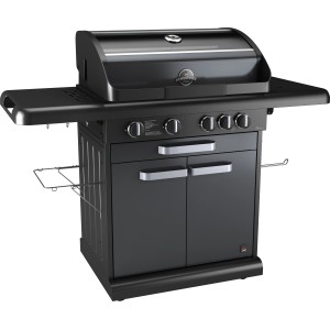 Schwarzer Jamestown 4-Brenner Gasgrill Clyde mit Seitentisch und Unterschrank.