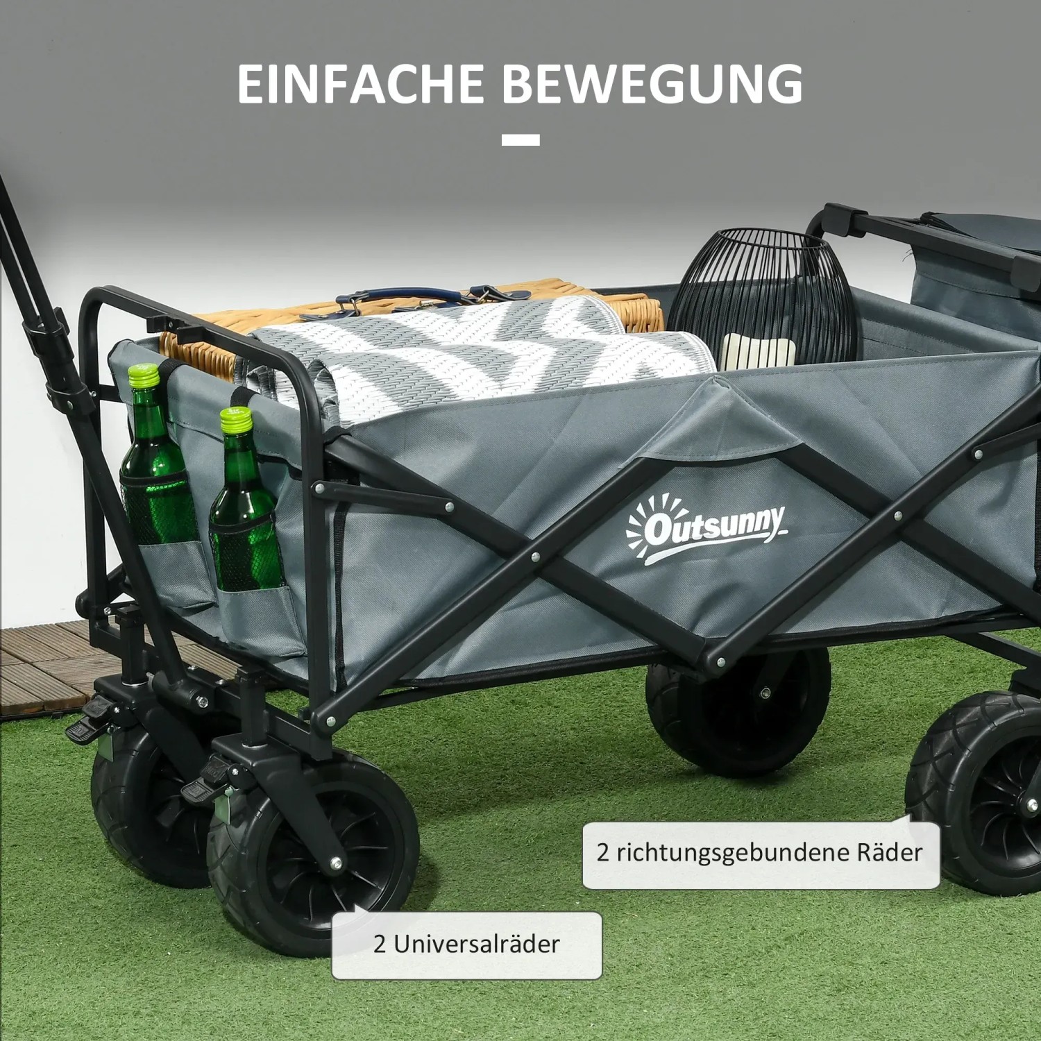 Outsunny Gartenwagen, grau, mit Stahlrahmen, Kühltasche und Getränkehalter. Ideal für Camping und Freizeit.