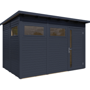 Anthrazitfarbenes Bertilo Holz-Gartenhaus Pentus 3 mit Fenster und Tür.