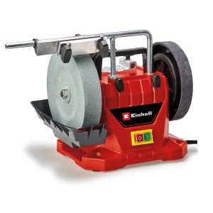 Einhell Nass-Schleifer TC-WG 200: Rote Schleifmaschine mit Schleifscheibe und Wasserbehälter.