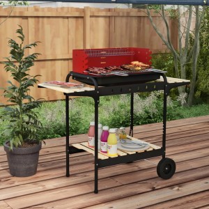 Outsunny Holzkohlegrill mit verstellbarem Grillrost, Kiefernholz, rot. Grillwagen mit Ablagen und Rädern.
