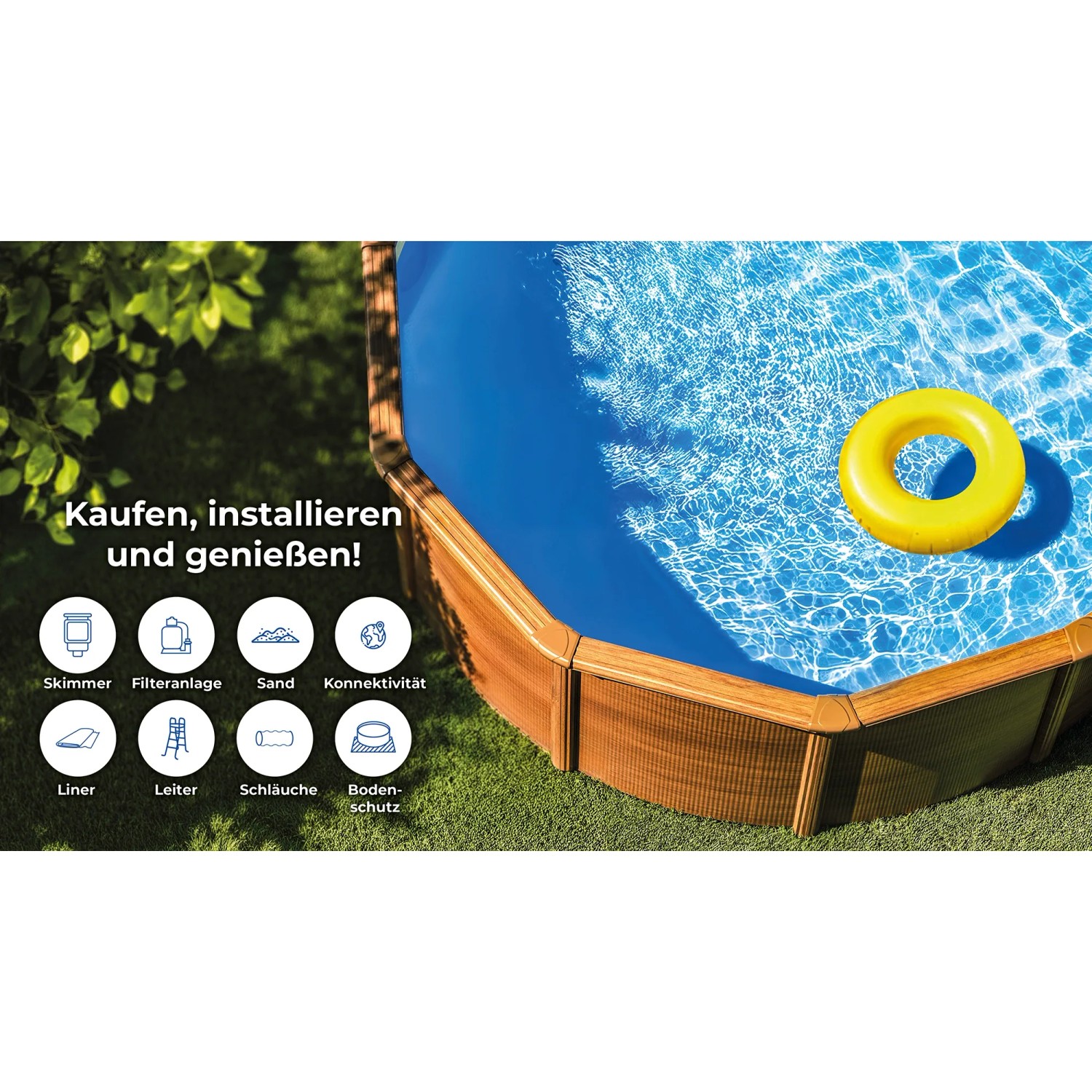 Ovaler Gre Pool Amazonia mit Holzoptik und gelbem Schwimmring im Garten.