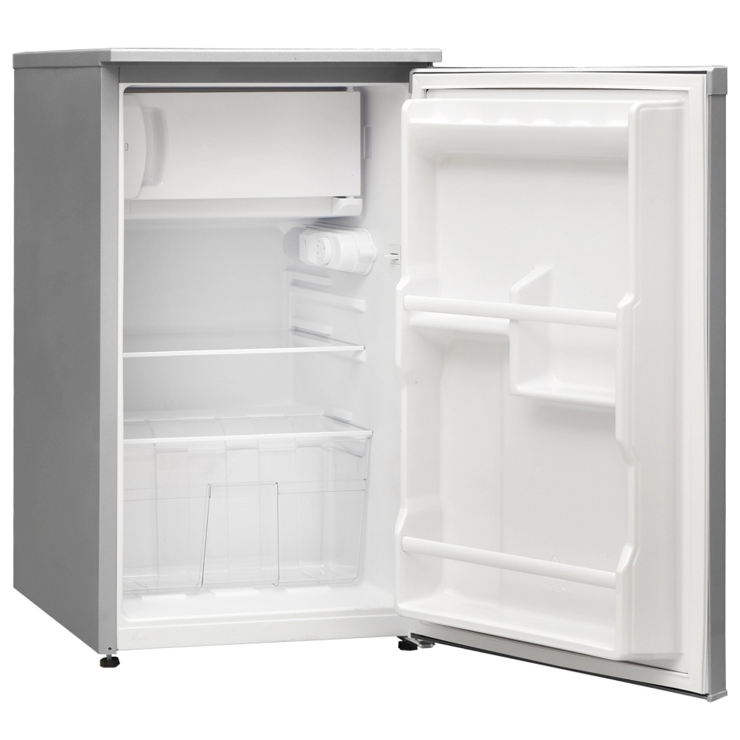 Telefunken Kühlschrank mit Gefrierfach, 81 Liter, offene Tür zeigt Innenraum mit Fächern.