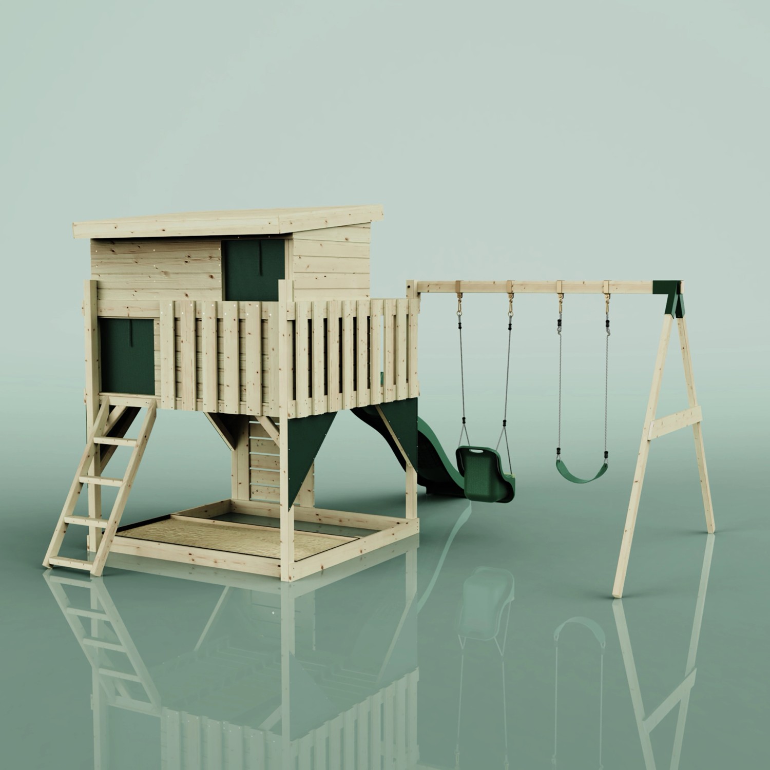 PolarPlay Spielturm Nils mit Babyschaukel und Rutsche, aus Holz, dunkelgrüne Akzente.