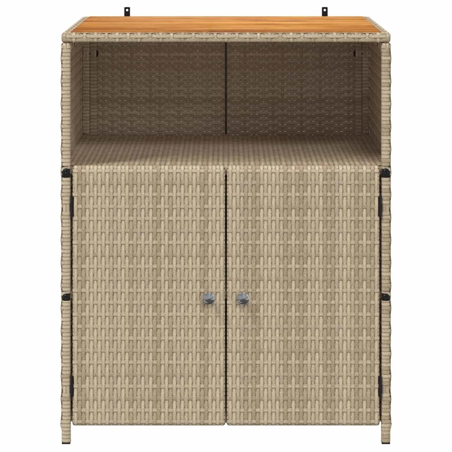 Beiger vidaXL Schrank aus Poly-Rattan mit Akazienholzplatte, zwei Türen und offenem Fach. Ideal für Büro oder Garten.