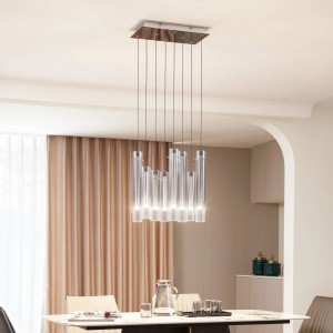 Moderne, dimmbare LED Pendelleuchte Korvitha mit 8 Glas-Schirmen in Alu-Optik für Wohnzimmer.