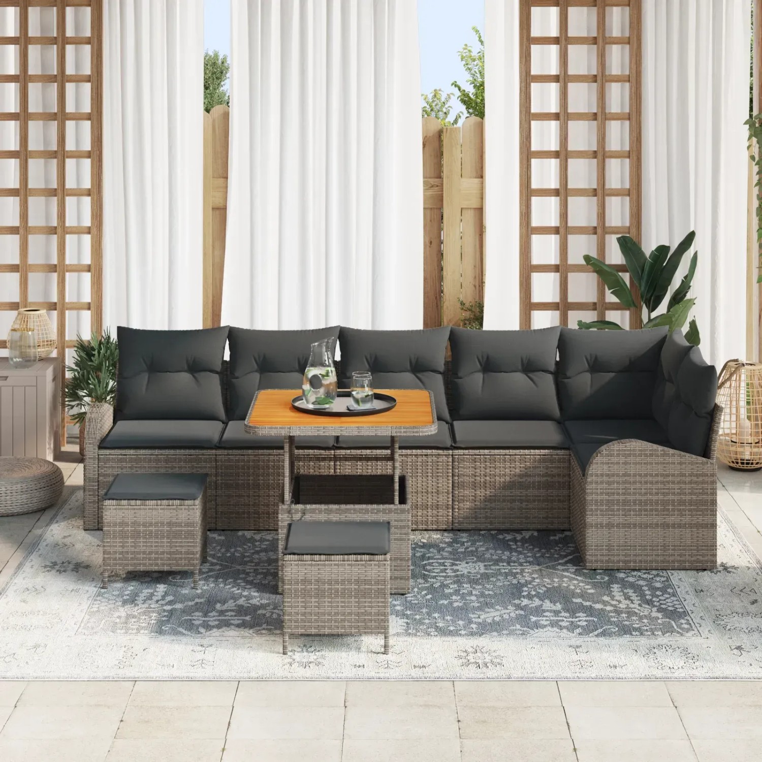 Graues 9-teiliges vidaXL Garten-Sofa-Set aus Polyrattan mit Kissen.