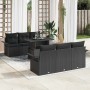 Schwarzes 7-teiliges vidaXL Garten-Sofa-Set aus Poly Rattan mit Tisch und Kissen.