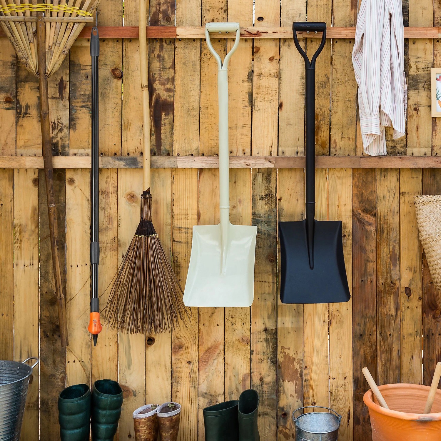 Relaxdays Fugenbürsten Set mit Teleskopstiel und 2 Aufsätzen an einer Holzwand.