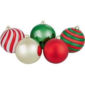 5 große Weihnachtskugeln aus Kunststoff, 15 cm, in Gold, Rot, Grün, teils gestreift. Ideal für festliche Dekoration.
