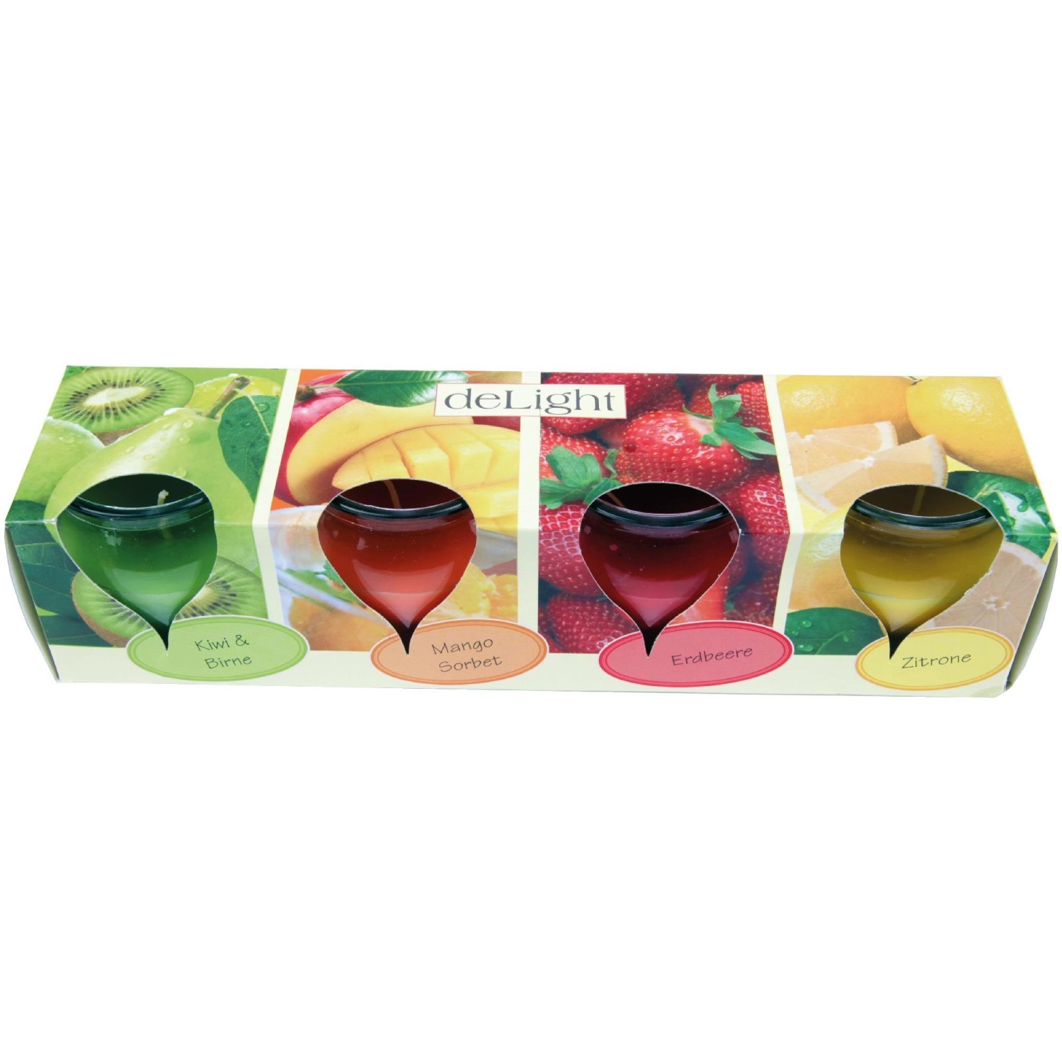 HS Candle Duftkerzen Selection, 12er Pack Fruit Selection mit Kiwi, Mango, Erdbeere und Zitrone.