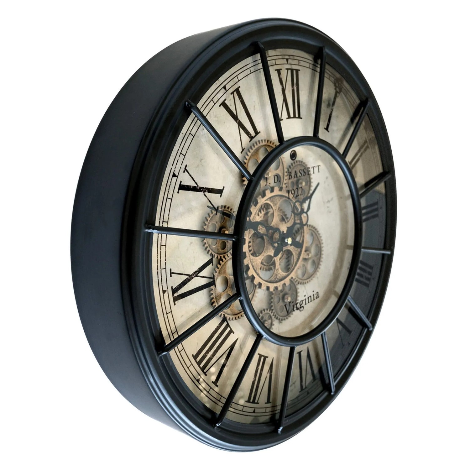 Vintage Wanduhr Ø 46 cm mit schwarzem Rahmen, goldenen Zahnrädern und römischen Ziffern im Steampunk-Stil.