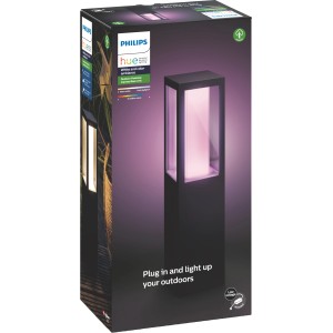 Verpackung der Philips Hue Impress LED Sockelleuchte für den Außenbereich, mit farbigem Licht.