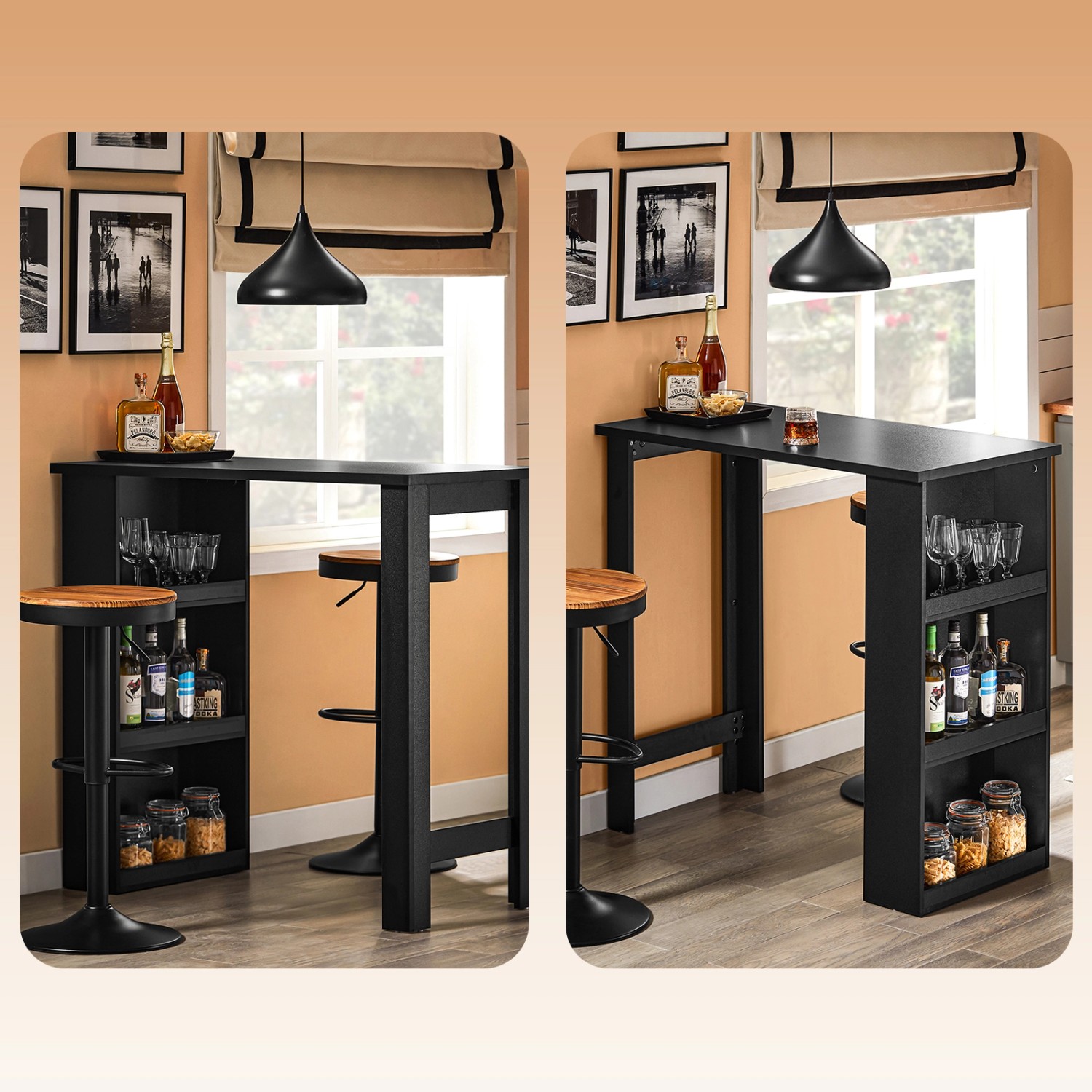 Schwarzer SoBuy Bartisch mit 3 Ablagen für Küche und Wohnzimmer.