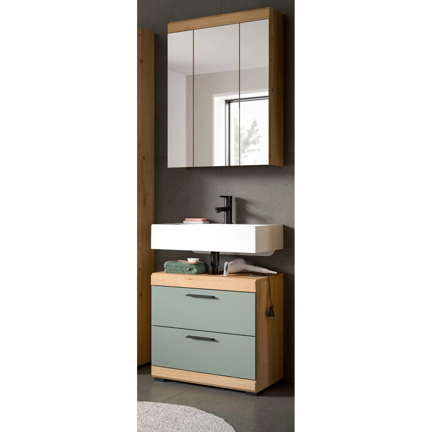 Inn.Furn Badmöbel Set in Grün und Eiche 2-teilig 60 cm mit Spiegel Shawn günstig online kaufen