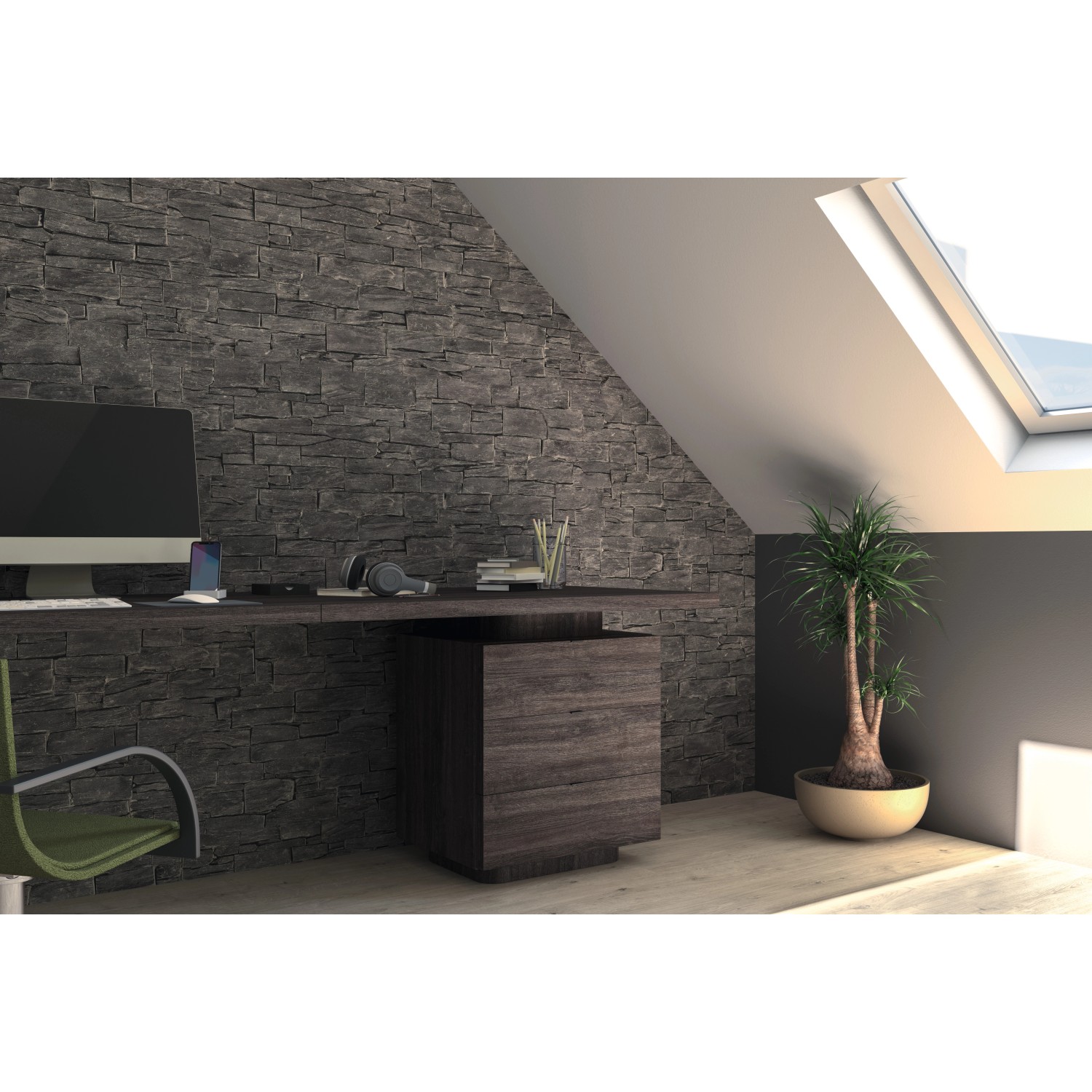 Raum mit Egger DecoWall Narva Schiefer Dekor-Paneelen als Wandverkleidung hinter einem Schreibtisch.