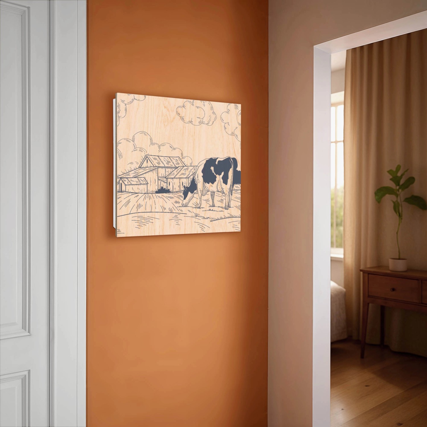 Banjado Schlüsselbox Holz, 30x30cm, weiß, mit Kuh-Motiv. Schlüsselkasten für 50 Schlüssel.