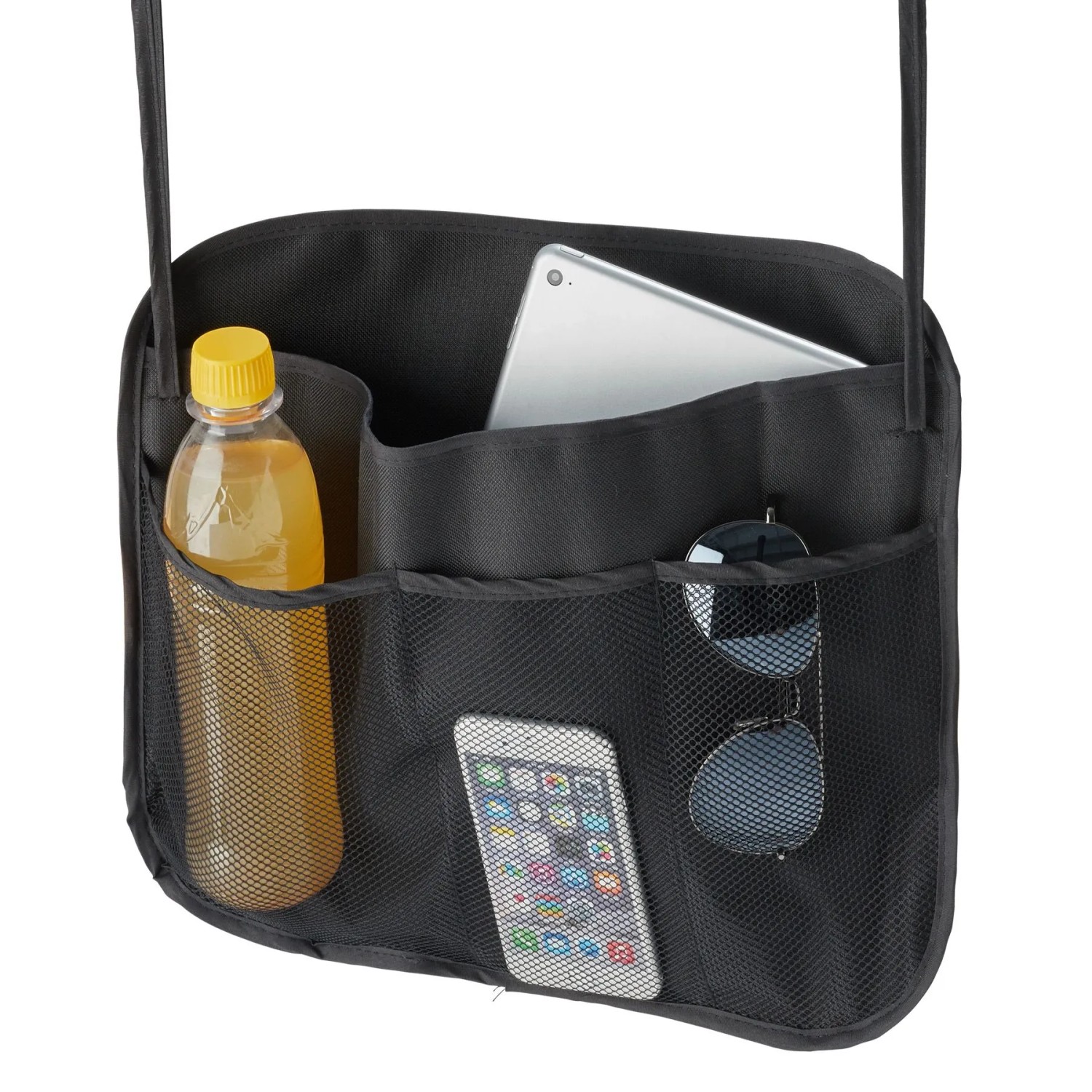 Schwarze Organizer-Seitentasche für Hängeliege mit Flasche, Tablet, Handy, Sonnenbrille. Praktische Aufbewahrung.