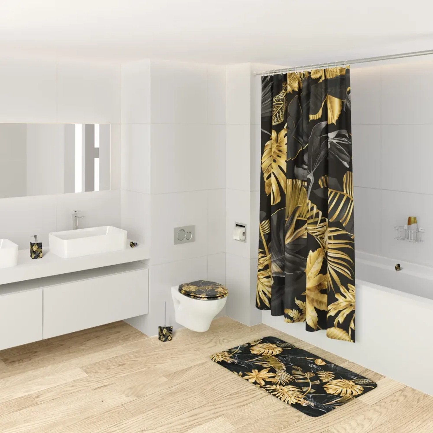 Sanilo Seifenspender Golden Leaves im Badezimmer-Set mit Duschvorhang und Badematte.