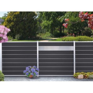 T & J WPC Steckzaun Gotland, anthrazit/silber, 180x175 cm. Sichtschutzzaun-Set mit Lamellen und Leisten.