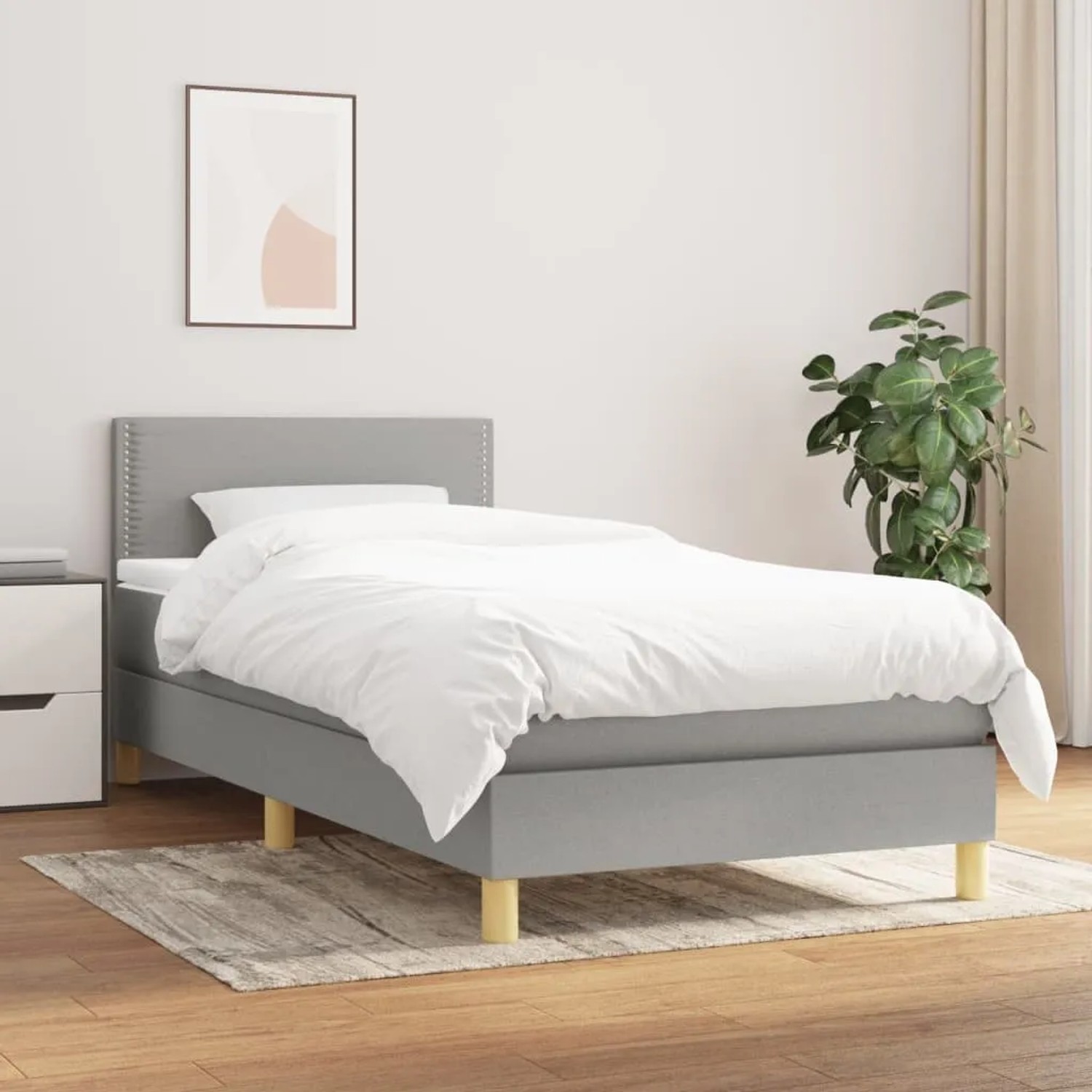 Helles, graues vidaXL Boxspringbett 90x190 cm mit Matratze und Kopfteil.