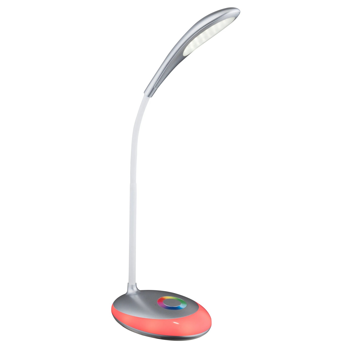 Silberne LED-Tischleuchte Minea mit Farbwechsler für den Schreibtisch.