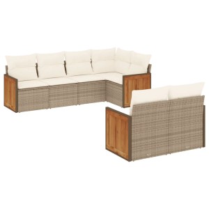 Beige 7-tlg. vidaXL Garten-Sofagarnitur aus Rattan mit cremeweißen Kissen.