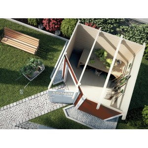 Weka Holz-Gartenhaus Angolo A, Flachdach, schwedenrot, 209x205 cm, mit Gartengeräten und Möbeln im Garten.