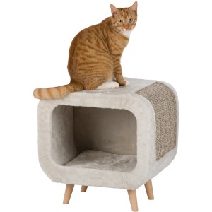 Trixie Kuschelhöhle Alicia mit Katze, Plüsch, Sisal und Buchenholzfüßen.