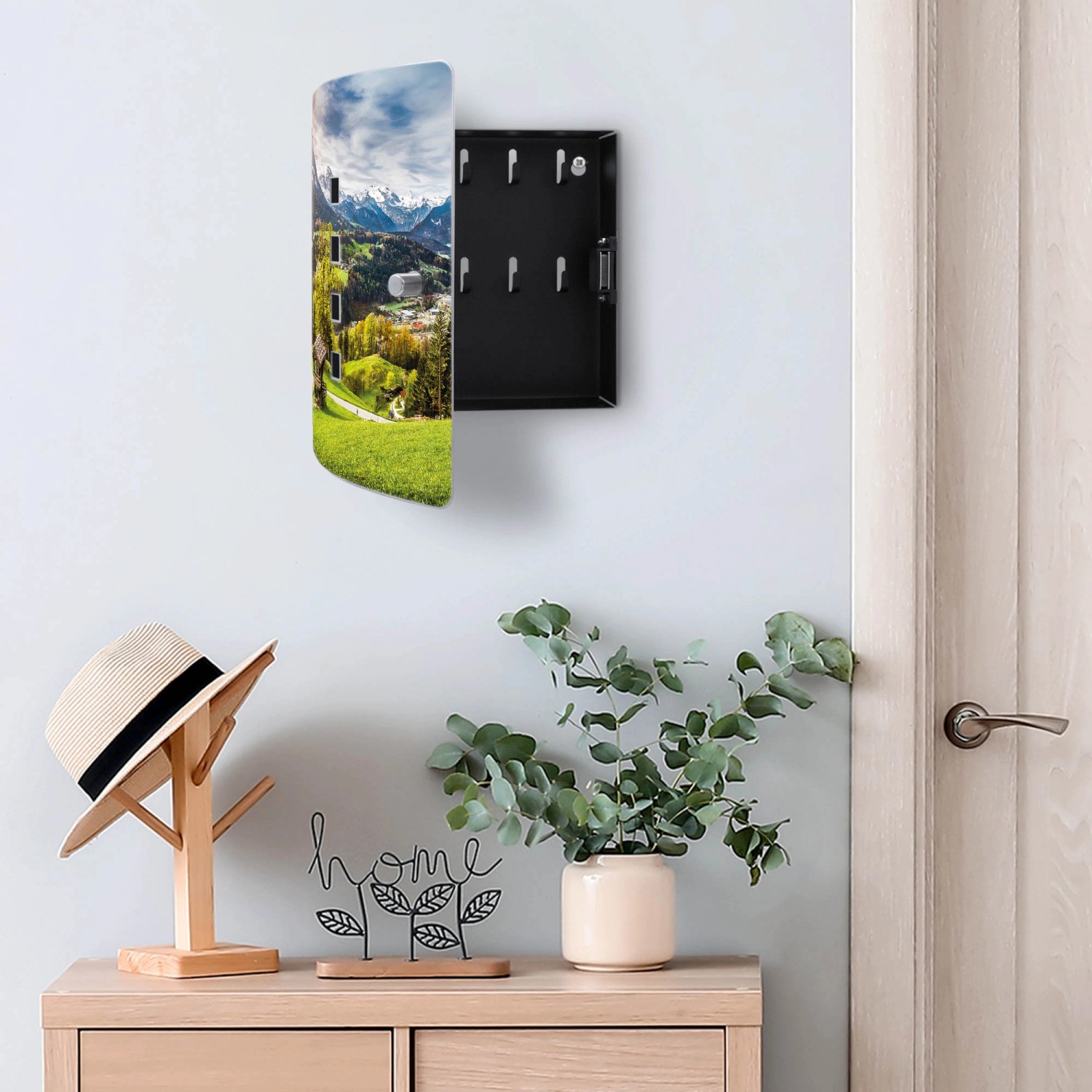 Banjado Schlüsselkasten Edelstahl mit Motiv Berchtesgadener Land, geöffnet, 10 Haken.