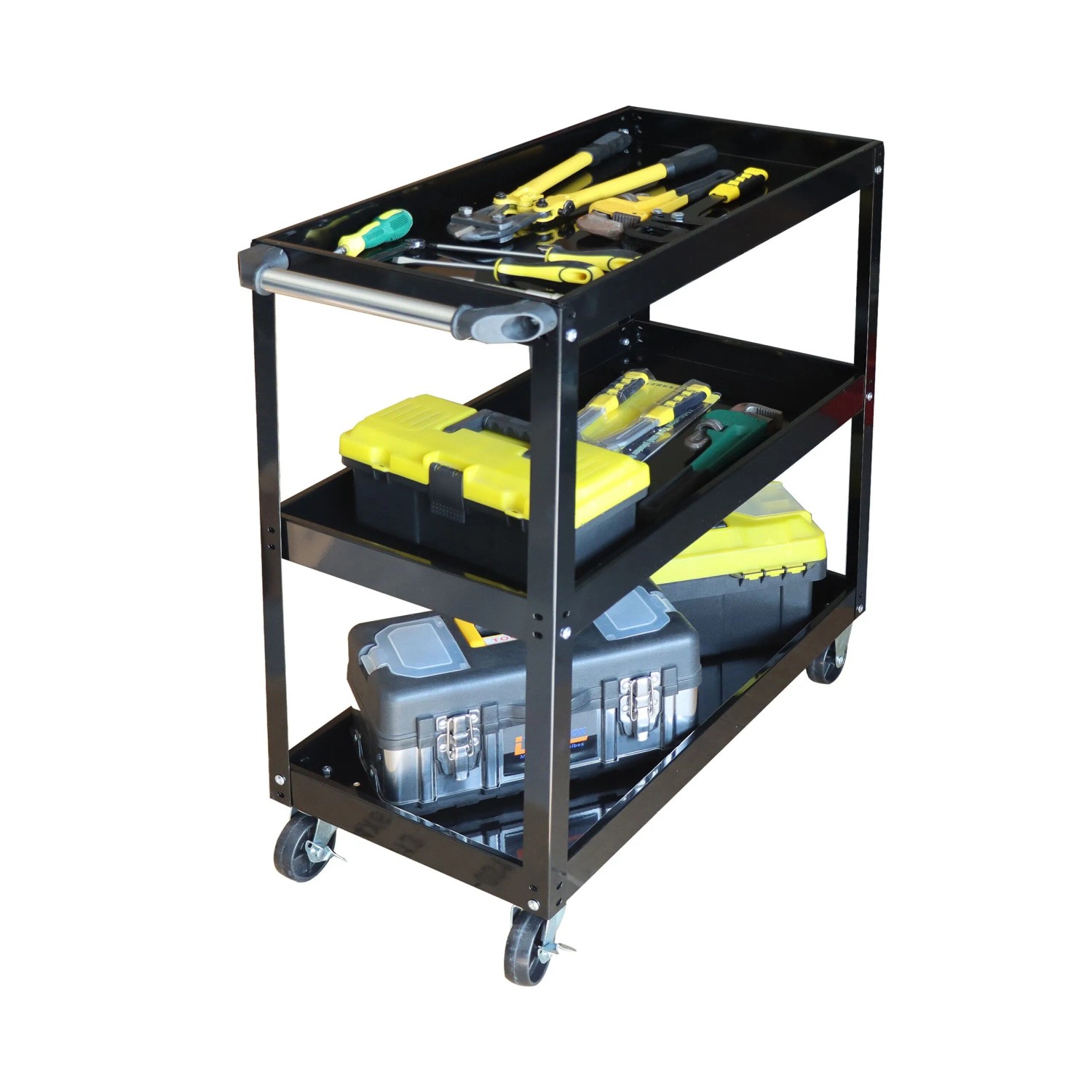 Relaxdays Werkstattwagen Stahl Schwarz mit 3 Ebenen 76 cm x 35 cm x 78 cm 100 kg