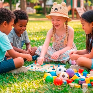 Lachendes Mädchen trägt beigen Strohhut mit Bär-Design und Ohren beim Spielen im Garten. Idealer Sonnenhut für Kinder.