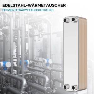 Wiltec Edelstahl Plattenwärmetauscher mit 30 Kupferplatten und vier Anschlüssen, in industrieller Umgebung. Ideal für Wärmequellen.