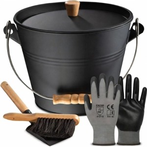 Schwarzer 5L Ascheeimer aus Metall mit Holzknopf-Deckel, Schaufel, Besen und Handschuhen für Kamin & Ofen.