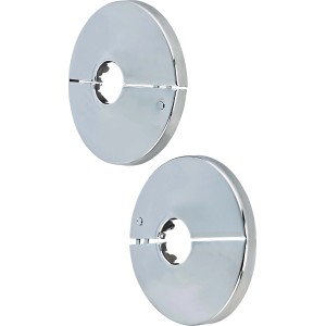 Zwei verchromte LUX Klapprosetten, Ø 15 mm, zur Abdeckung von Rohrdurchführungen.