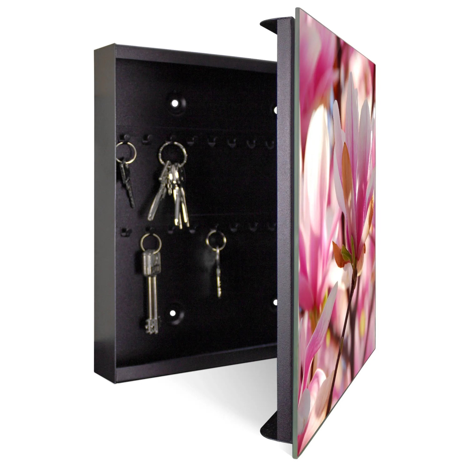 Banjado Schlüsselkasten mit Magnolia Motiv, 50 Haken, beschreibbarer Glastür, Magnettafel.