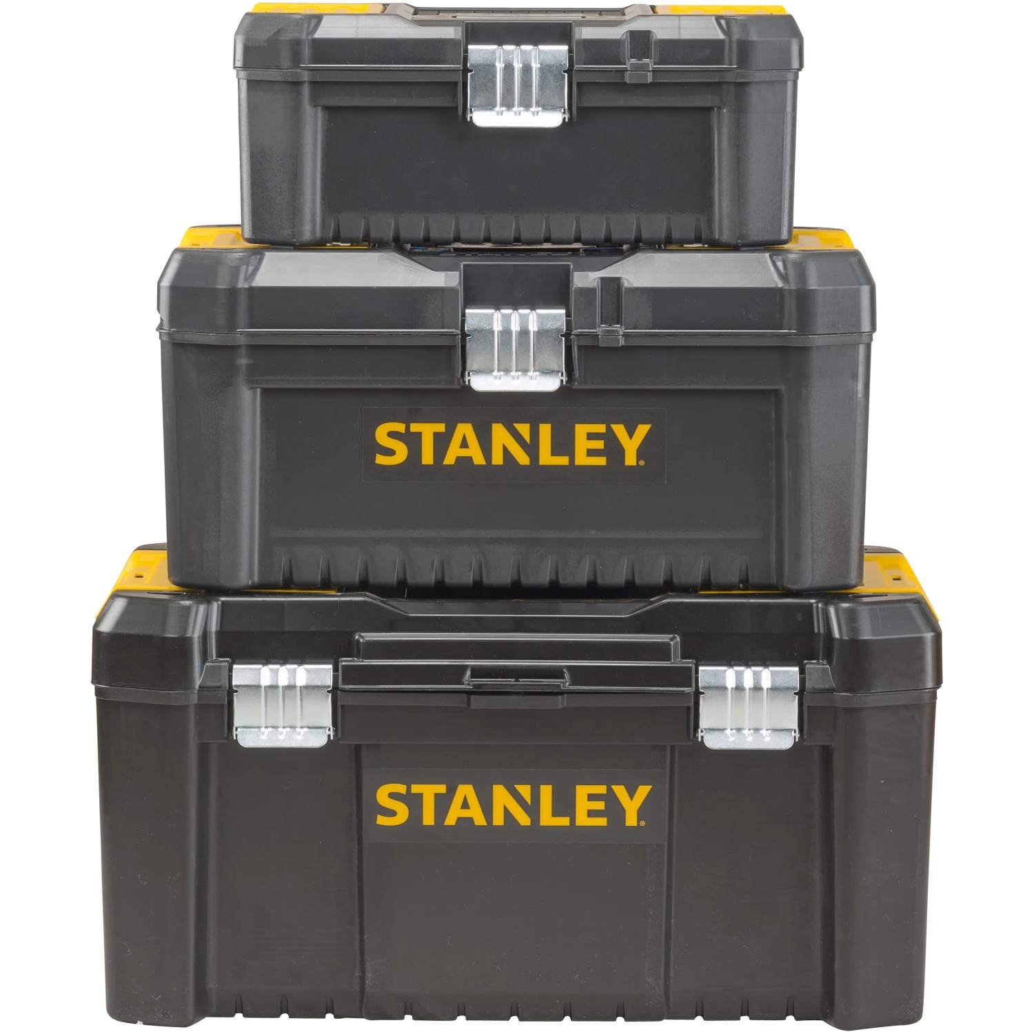 Stanley Werkzeugkoffer Essential, 12,5 Zoll, mit Metallschließen. Kunststoffboxen in Schwarz und Gelb gestapelt.