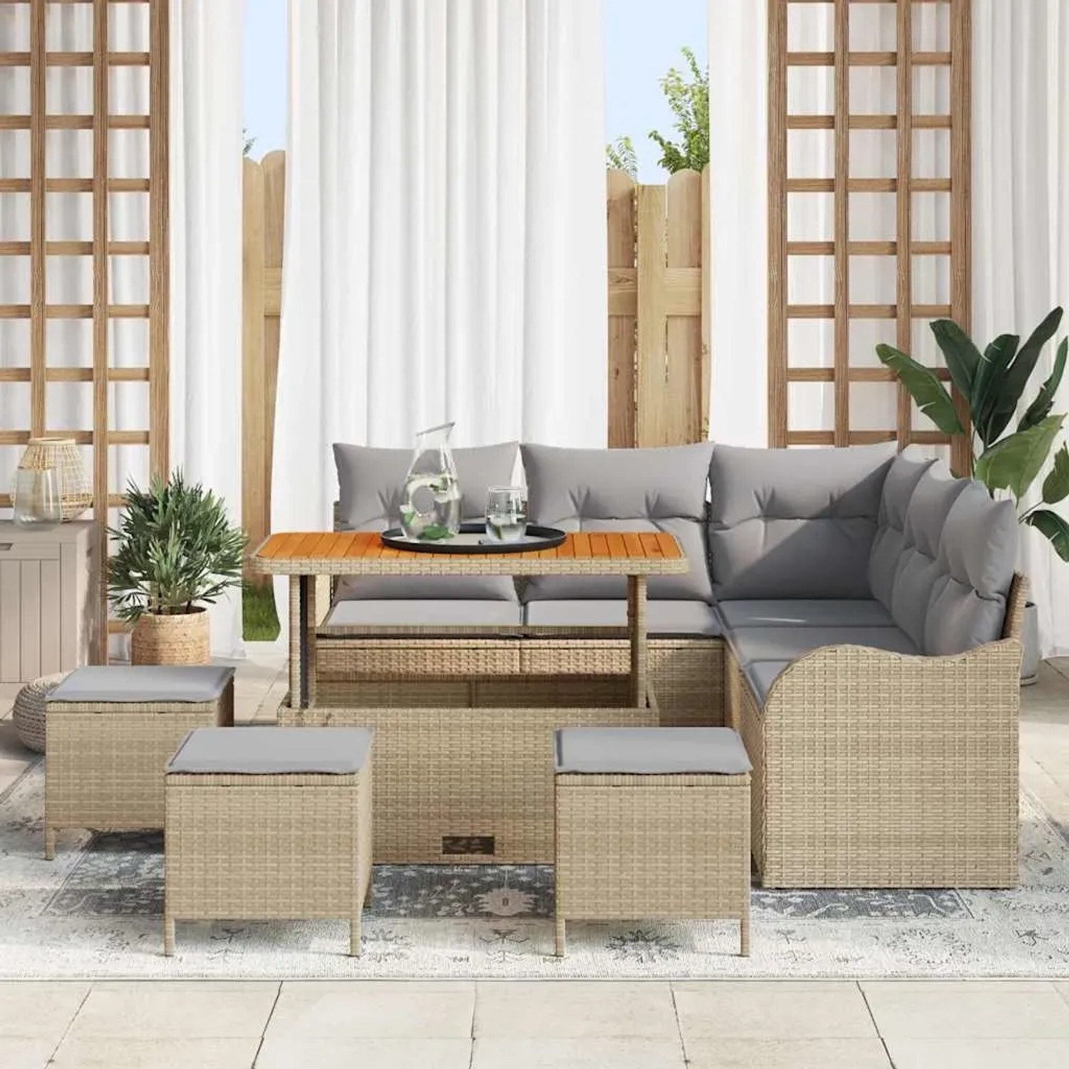 Beiges 9-teiliges Garten-Sofa-Set aus Poly Rattan mit Tisch von vidaXL.