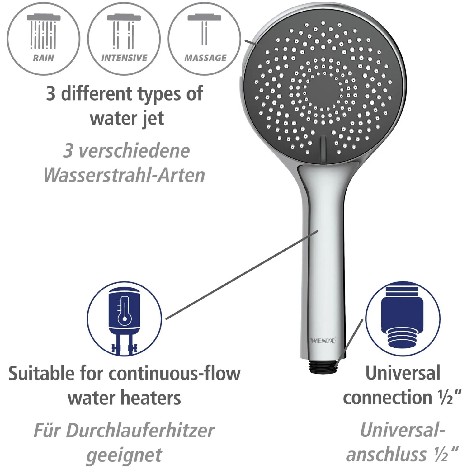 Wenko Watersaving Handbrause Chrom mit 3 Strahlarten für Brausesets und Universalanschluss.